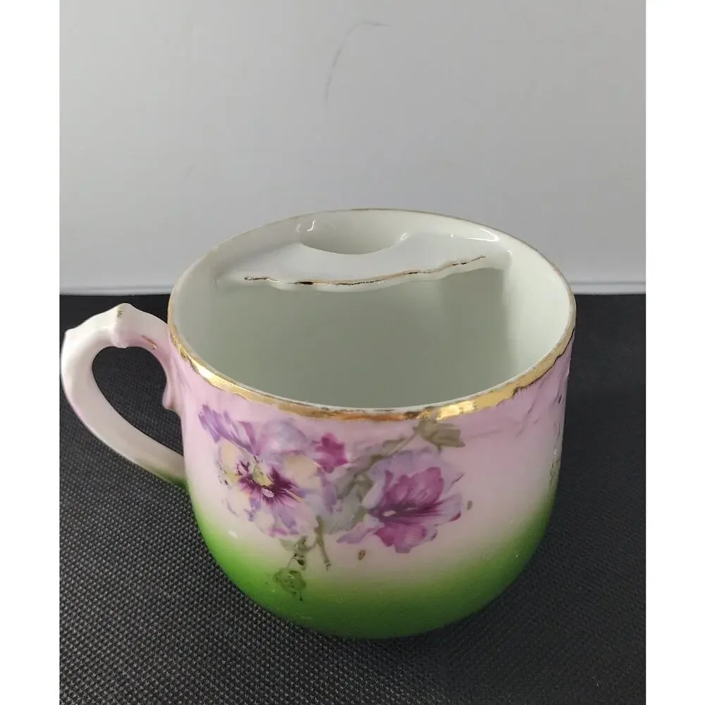 Antique Bavaria Hand Painted Mustache Cup Floral Porcelain Shaving Mug Gold Trim